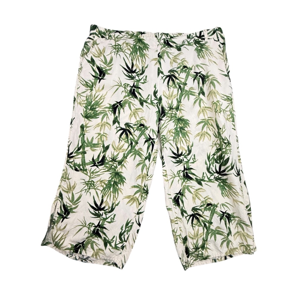 J. Jill Pants 3X White Green Bamboo Linen Blend Wide Leg Crop Side Slit Tropical